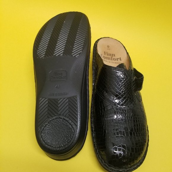 Finn Comfort womens 10 EUR 43 Black Patent Leather Croc Reptile Clogs Slide - Picture 8 of 10